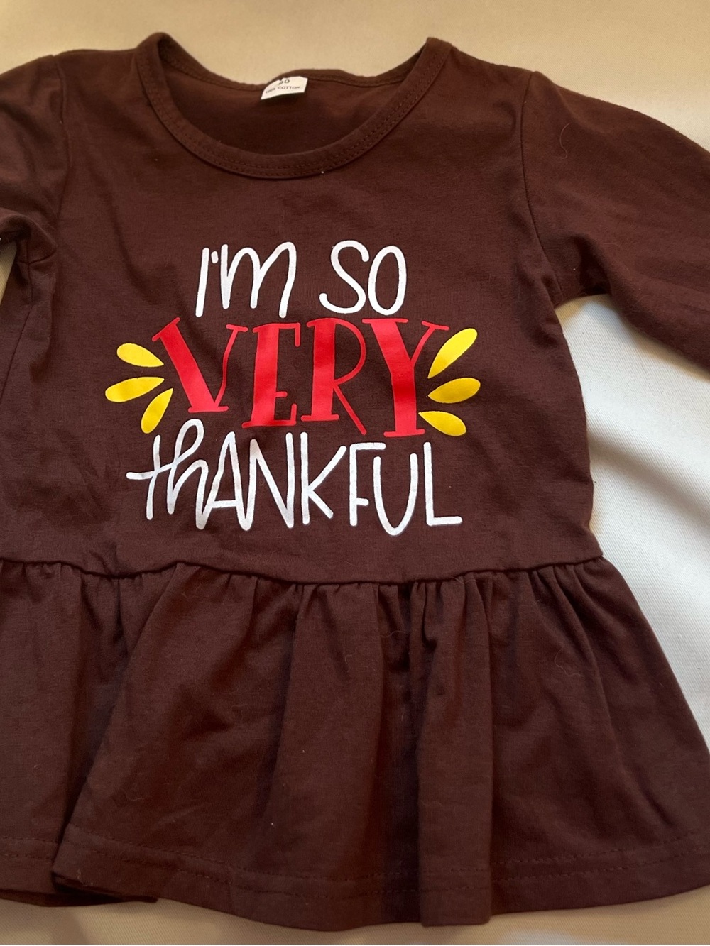 Brown "I'm So Very Thankful" Thanksgiving Ruffle Tunic Top Sz 90 (approx 18-24M)